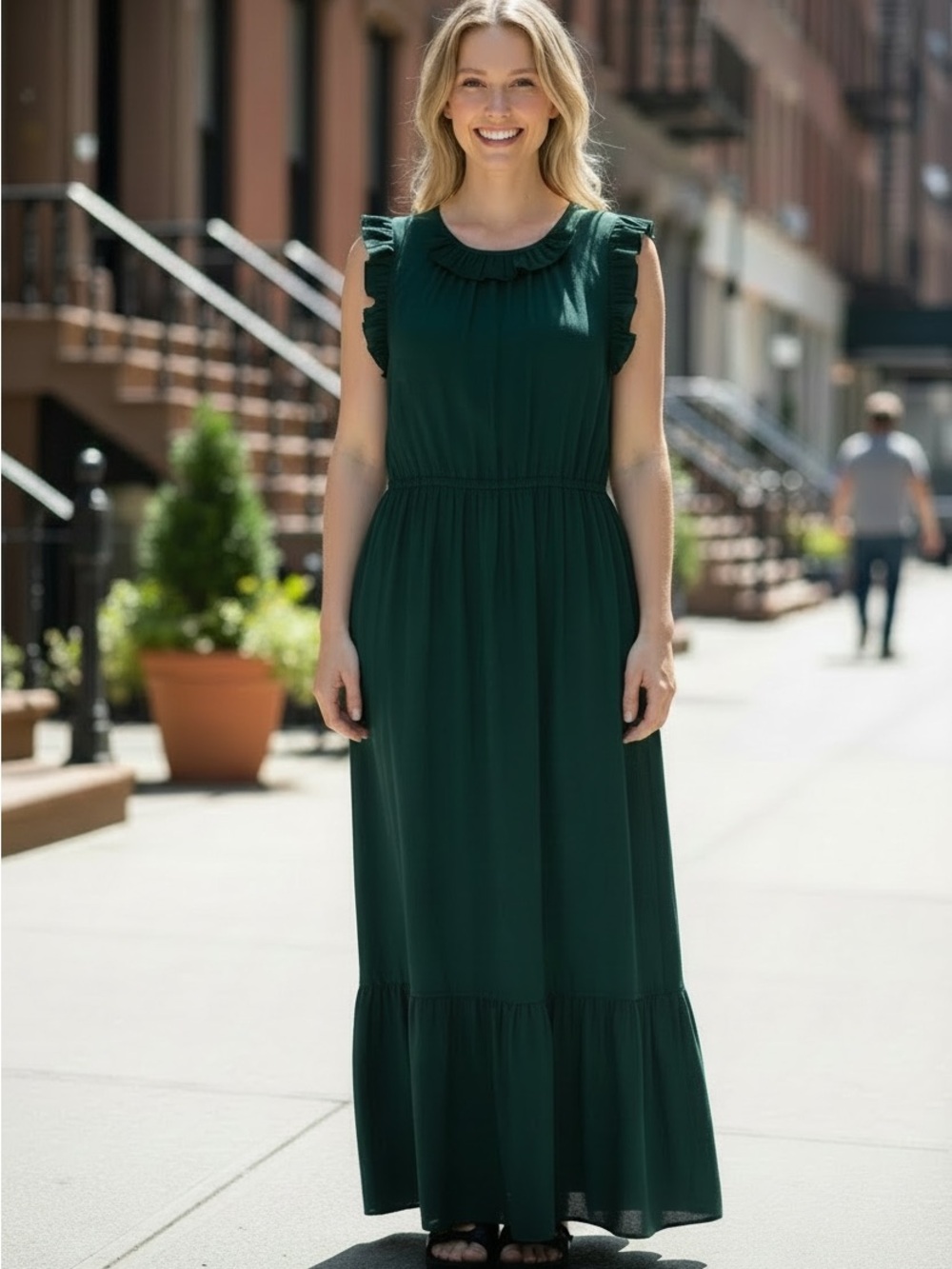 Sea New York Tessa Plissé Ruffle Midi Dress Green Size 6 EUC
